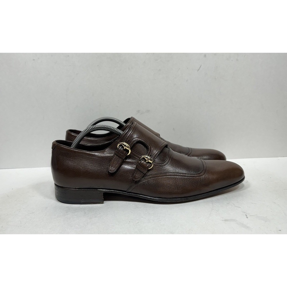 Gucci Brown Leather Double Monk Strap Buckle Dress Shoes Men's Size 9 US / 8 UK